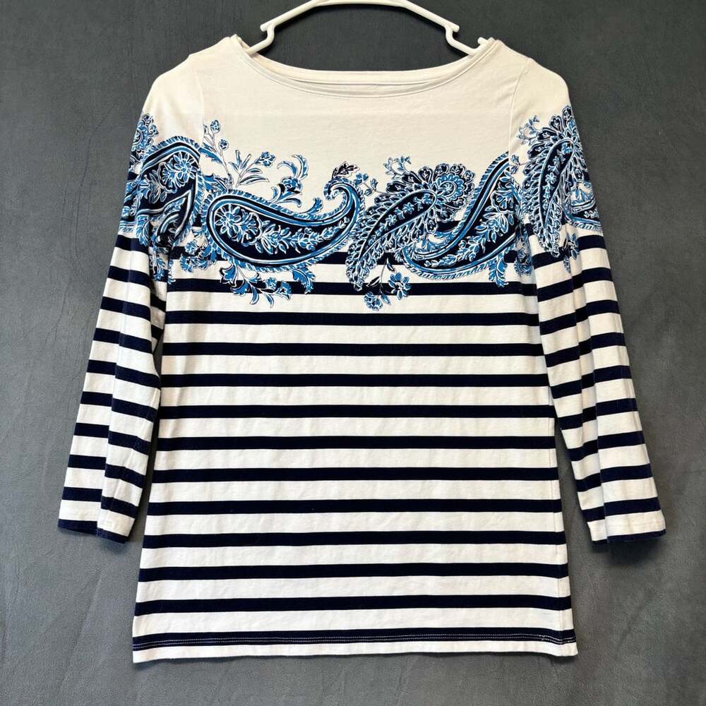 Talbots Paisley Stripe Bateau Neck Tee Size XS Blue White